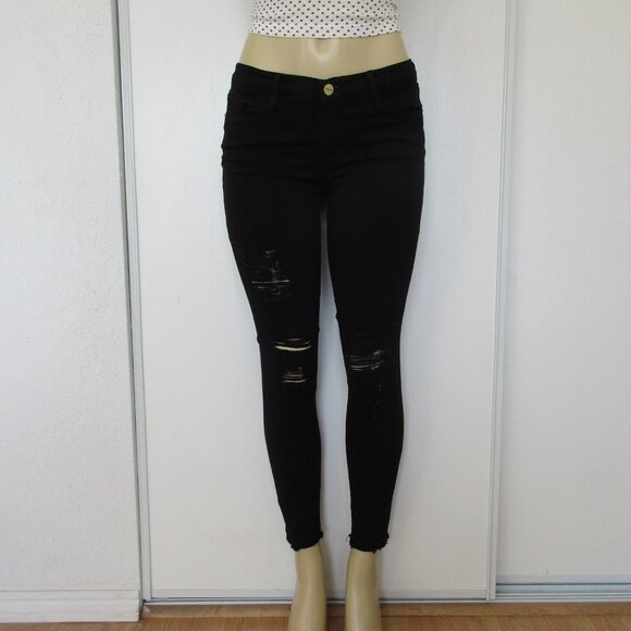 FRAME Denim Black Jeans Size 27 Skinny Distressed - Picture 2 of 13